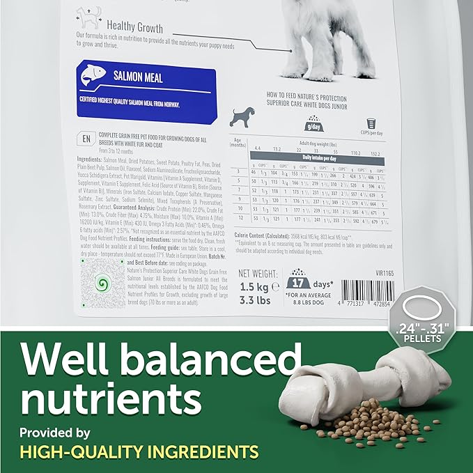 Nature's Protection Small & Large Breed Puppy Food Dry - Grain Free, High Protein, Anti-Tear Stain Formula - Dog Kibble for All Breeds with White or Light Fur (Superior Care - Salmon, 22 lb)