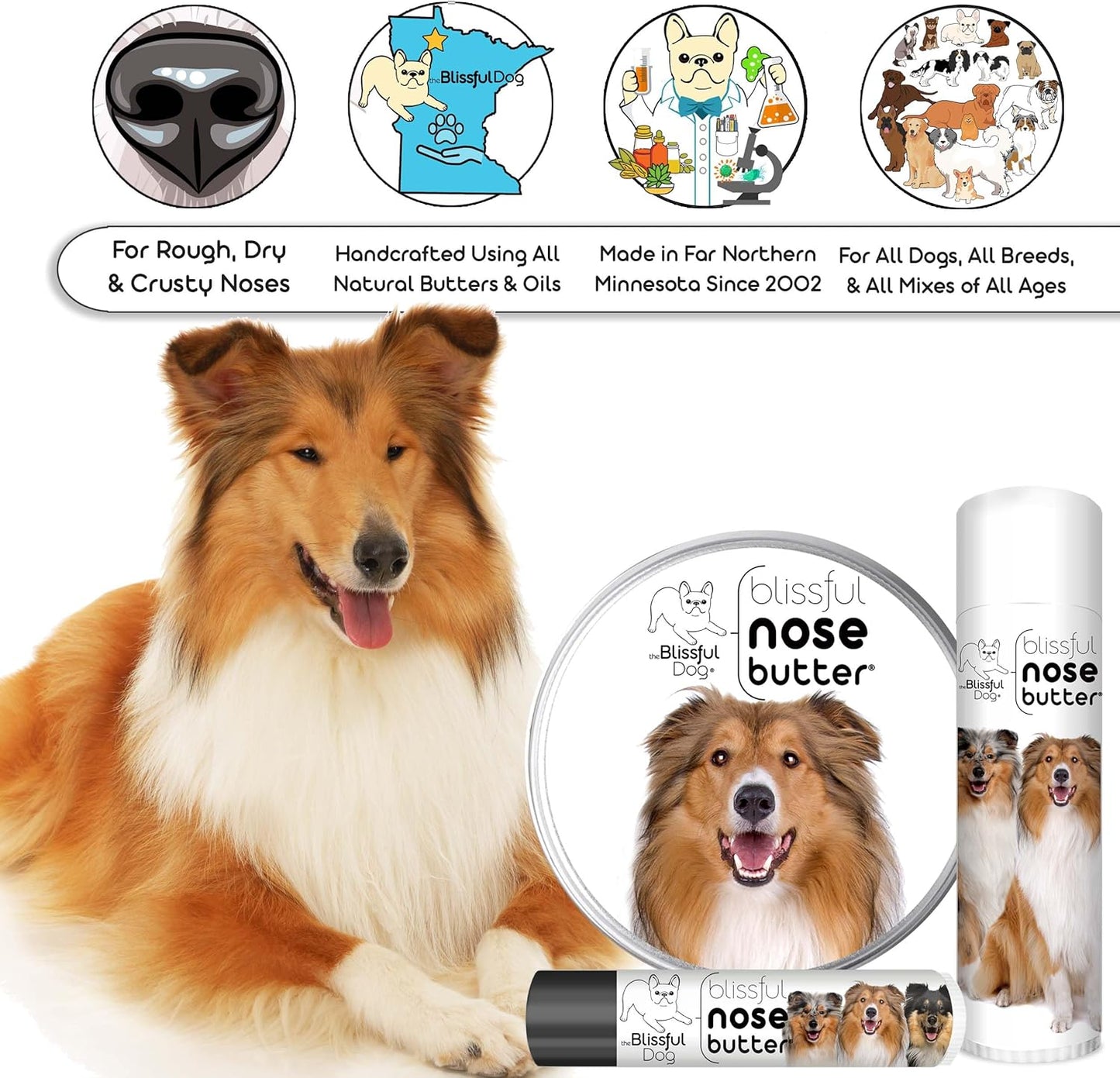The Blissful Dog Collie Nose Butter for Dry, Cracked Skin, Lick-Safe Dog Nose Balm with Moisturizing Shea Butter, Almond, Olive, and Essential Oils, Pet Supplies, Uncented, 0.50 oz.