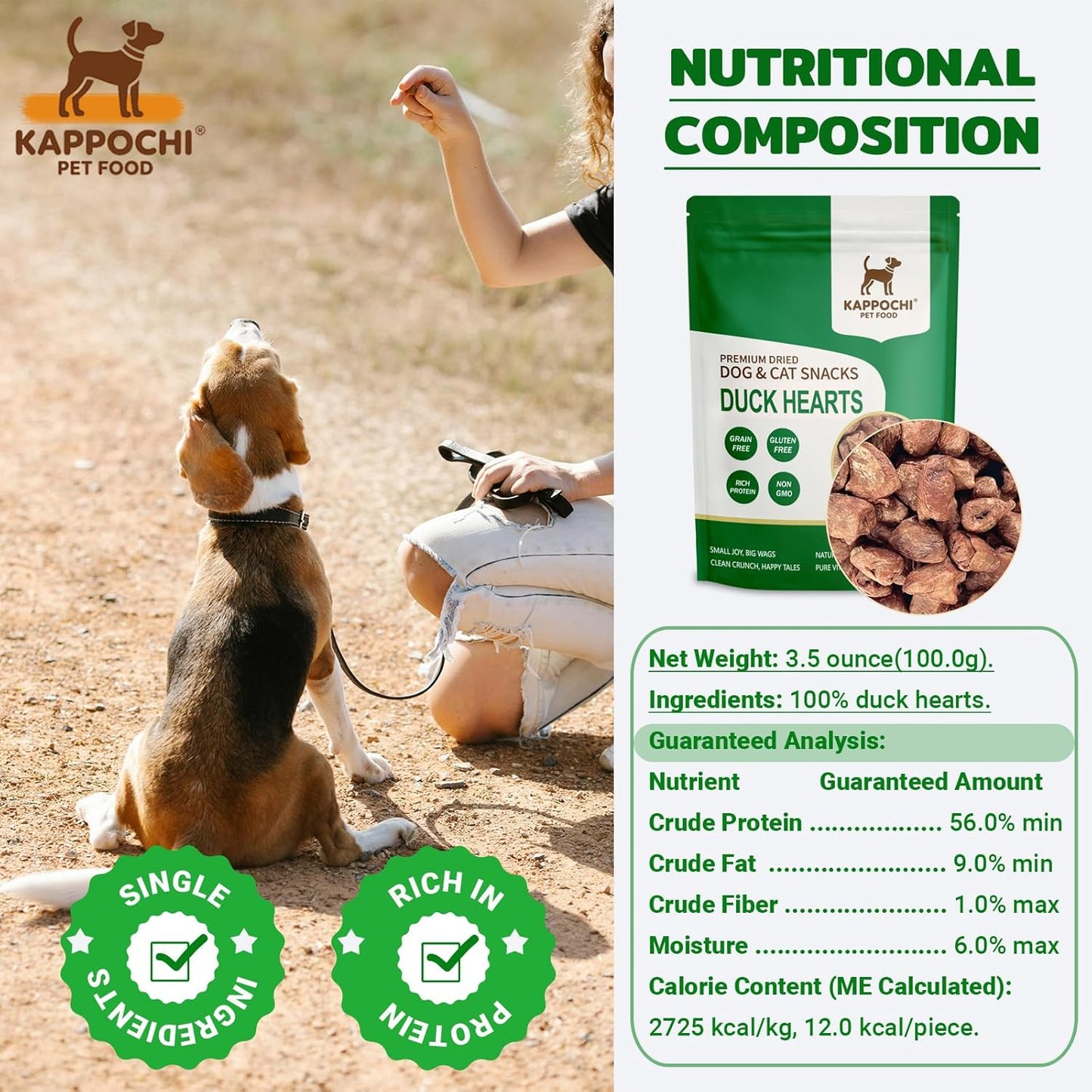 Freeze-Dried Duck Hearts Dog Treats, 3.5oz(100.0g), 100% Single Ingredient, High Protein Training Treats, Natural & Raw, No Additives, Grain Free, Gluten Free