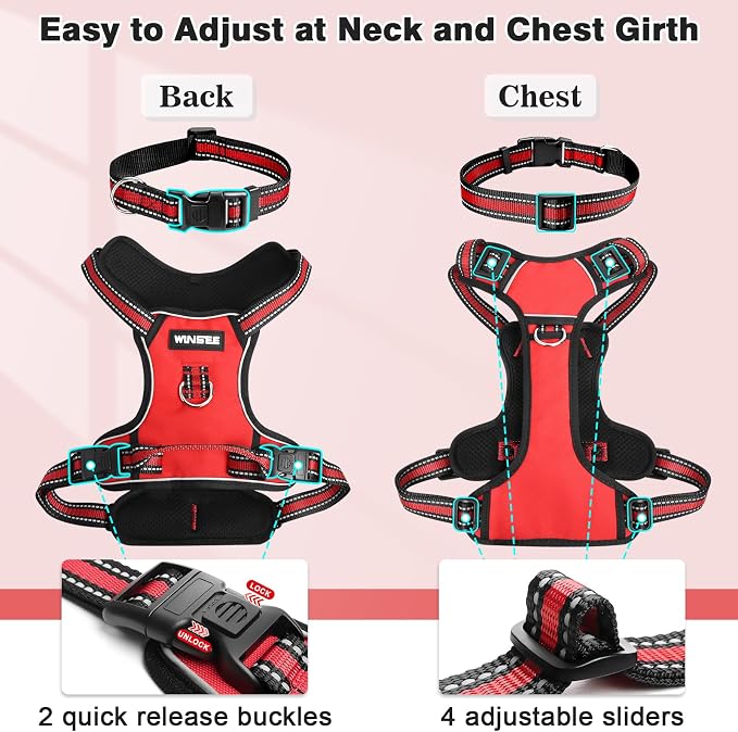 Dog Harness No Pull, Pet Harnesses with Dog Collar, Adjustable Reflective Oxford Outdoor Vest, Front/Back Leash Clips for Small, Medium, Large, Extra Large Dogs, Easy Control Handle for Walking