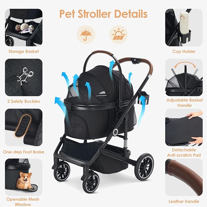 TODEFULL Pet Stroller with 4 Wheels, 3 IN 1 Folding Puppy Strollers for Small/Medium Dogs Cats up to 50lbs, Lightweight Pet Travel Carrier with Detachable Cushion, Storage Basket and Cup Holder, Black