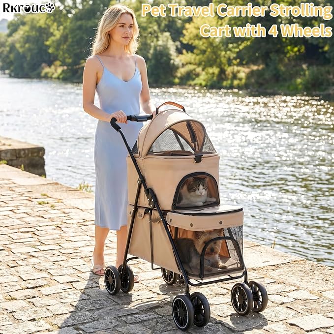 Foldable Double Pets Stroller for Dog Portable Cat Strollers for Small Medium Pet with One Detachable Carrier Flexible Lockable Wheels Lightweight Dogs Jogger (Khaki)