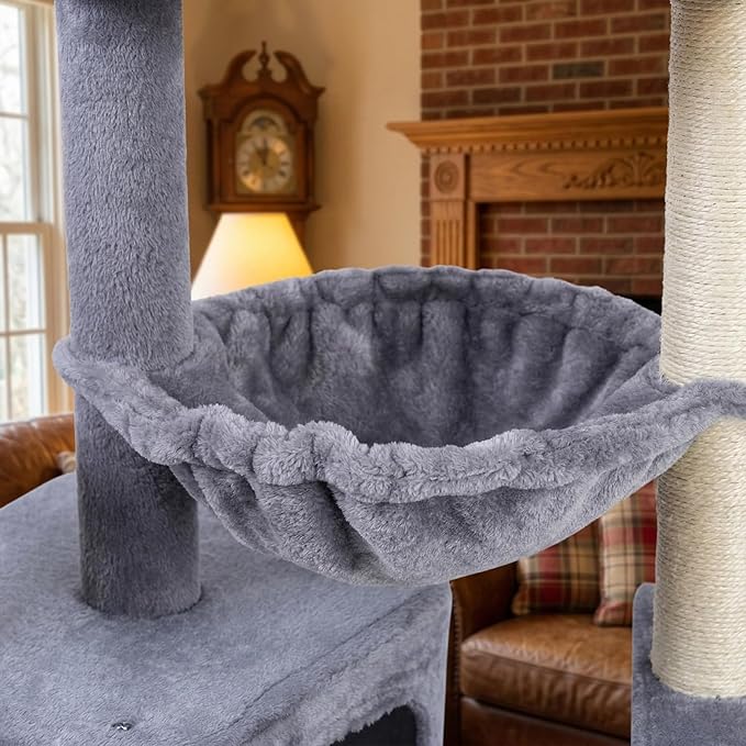 Cat Tree for Indoor Cat, with Cat Condo and Hammock, Grey | Cat Tree with Self-Grooming Brush and Toy Balls,Cat Tower with Scratching Posts