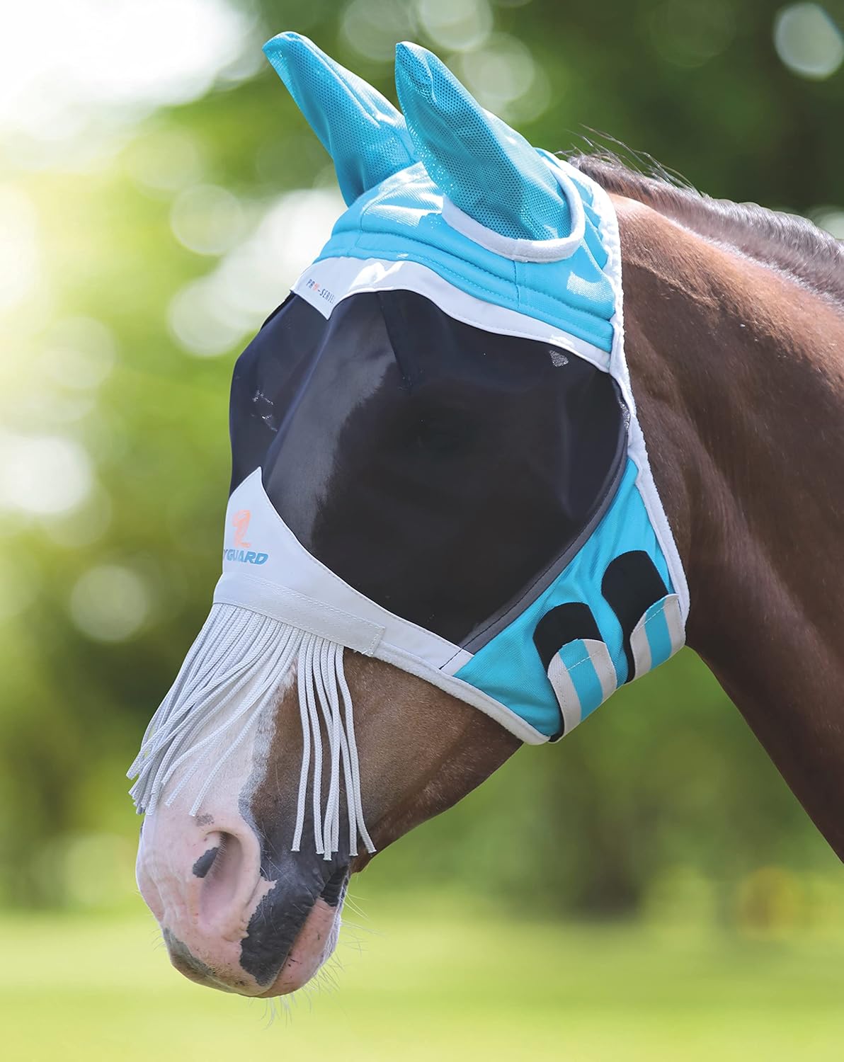 Shires Fine Mesh Horse Equine Fly Mask with Ears and Nose Fringe 60% UV Protection (Small Pony, Teal)
