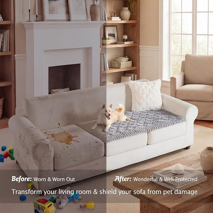 PuTian 100% Waterproof Fuzzy Couch Cover for Dogs Light Grey 27.6"x59" | Pet Friendly Dog Mat for Couch, Waterproof Sofa Protector, Scratch Resistant Furniture Cover for Dogs, Machine Washable