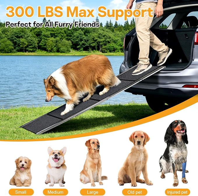 Dog Ramps for Large Pets, 71" L & 20" W Extra Wide Foldable Aluminum Pet Ramp with IP64 Waterproof & Non-Slip Rug Surface, Up to 300lbs for Giant Dogs for SUV, Truck, Bed, Stairs, Indoor & Outdoor