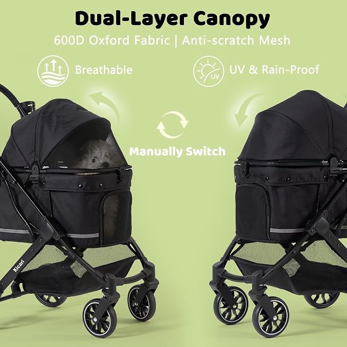 All-Terrain Dog Stroller for Small to Medium Dogs, Pet Stroller for Dogs & Cats Outdoor Walks, One-Hand Easy Fold, Double-Layer Anti-UV & Waterproof Canopy & Breathable Mesh, Samurai Black