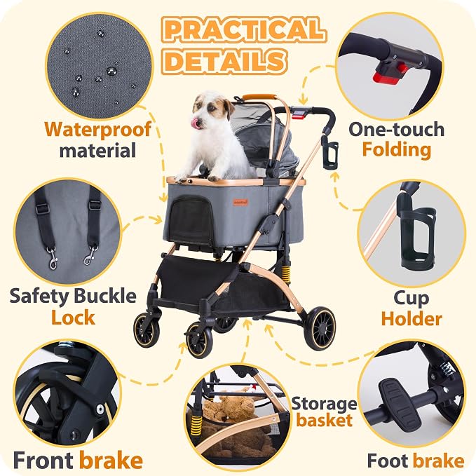 Dog Stroller for Small Dogs, Lightweight Pet Stroller for 2 Cats Dogs with 6 Shock Absorption System, Detachable Carrier Suitable for Car Seat & Hand Carry, Safe Outings, Gray