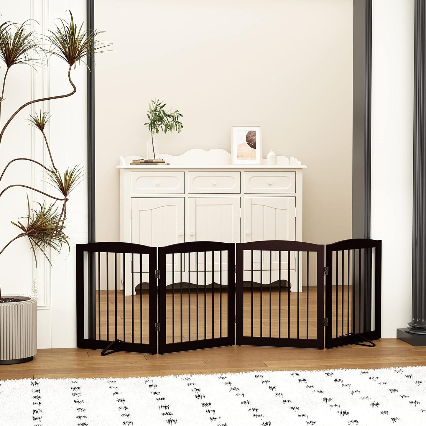 Freestanding Pet Gate for Dogs, Foldable Wooden Dog Gate for House, Indoor Dog Gate for Stair, Doorway, Gates for Dogs Indoor, 80 Inch Wide, 4 Panels 24",Brown