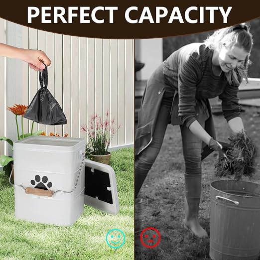 Small Dog Poop Trash Can Outside,1.5Gal/6L Metal Dog Waste Trash Can with Lid/Filter/Handle,Pet Waste Container Bucket with 75 Trash Bags-White