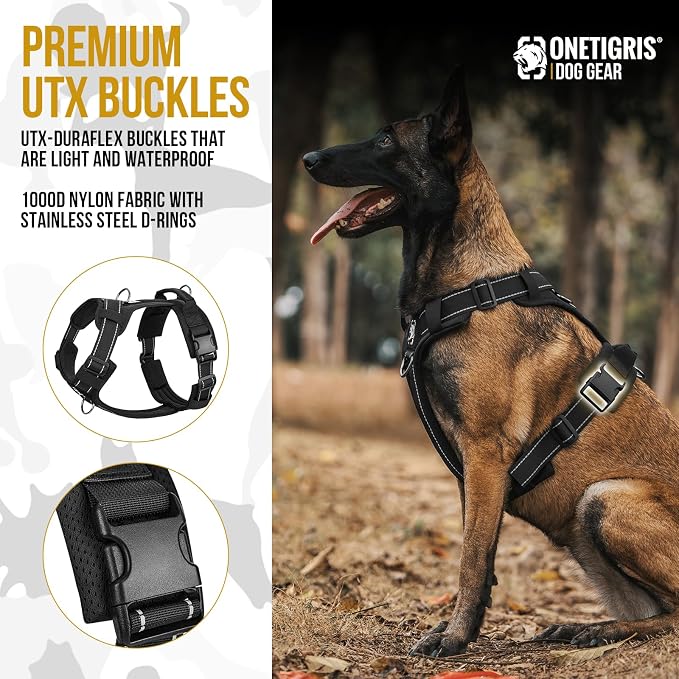 OneTigris Soft Padding No Pull Dog Vest Harness for Medium and Large Dogs | High-tensile Nylon, Adjustable, Reflective, 1 Handle, 3 D-rings, Lightweight, Tough, Easy on/off Tactical Dog Harness