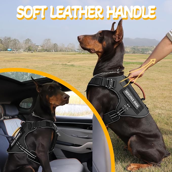 Service Dog Vest - HEYCAHVA Tactical Dog Harness Full Metal Buckles Dog Vest for Large Medium Dog Reflective No Pull Dog Harnesses with Leather Handle, Hook & Loop for Hiking Training (Black, XL)