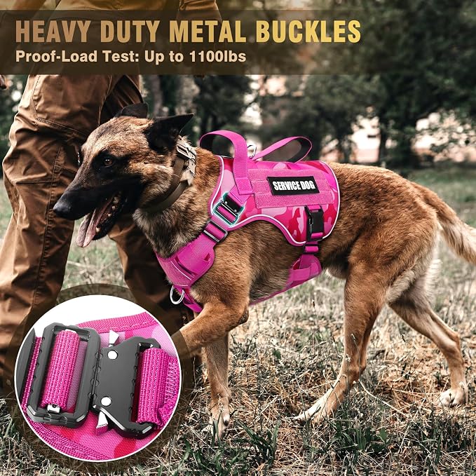 2X Metal Buckle Service Working MOLLE Dog Vest with 10 Pet Patches | Tactical Dog Harness for Large Dog, No-pull Military Working Vest for Training Hunting Walking，2x D Rings for Leash Clip