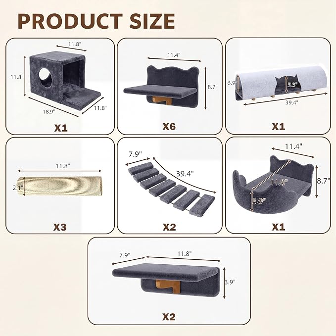 Cat Wall Furniture, 16 in 1 Cat Shelves w/Tunnel & Bridge, Grey | Wall Mounted Cats Shelf Set with Plush Fabric, Cat Climbing Wall Systems for 16 Inch Drywall, with Scratching Posts, Condos