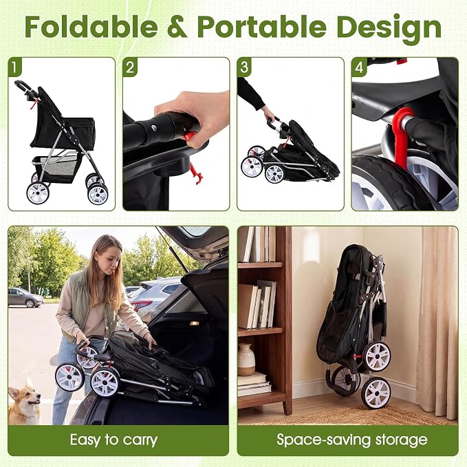 PETSITE 4 Wheels Pet Stroller, Foldable Dog Strollers for Small Dogs with Breathable Mesh, Waterproof Cover, Storage Basket, and Cup Holders, Ideal for Dogs Cats up to 33 lbs (Black)