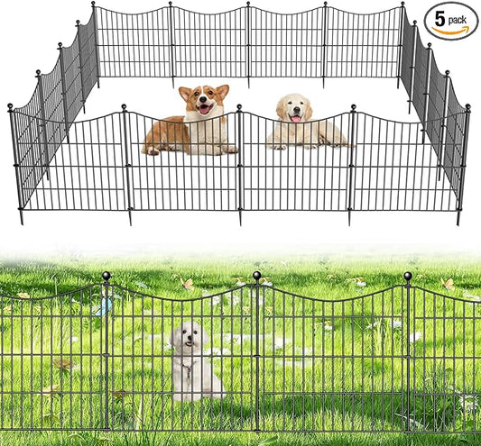 5 Panels No Dig Dog Fence Outdoor for Yard, 24 in(H) X 10 ft(L) Decorative Tall Garden Fence Animal Barrier, Rustproof Metal Wire Garden Edging and Borders, Temporary Fencing Stakes
