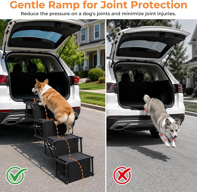 Dog Stairs for Large Dogs,4-Step Foldable Dog Ramp for Car with Non-Slip Surface & Oxford Fabric,Portable & Lightweight Pet Stairs for SUV,Truck,Bed & Couch,Supports up to 132 lbs (Black)