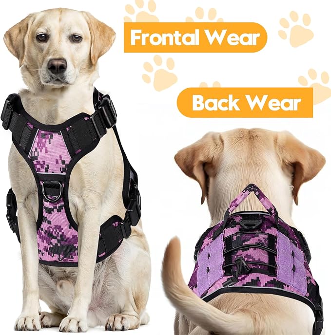 Heavy-Duty Tactical Dog Harness for Large Dogs, No Pull Adjustable Reflective Pet Vest with Molle System, K9 Military-Grade Control for Service Training, Outdoor & 10+ Breeds, Purple Camo, Small