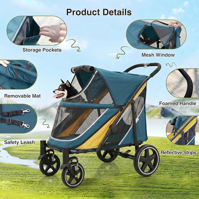 Dog Stroller for Medium/Large Dogs One-Click Folding, Extra Large Pet Stroller for 2 Dogs with Storage Pocket & Shock Absorption, Up to 130 lbs, Blue