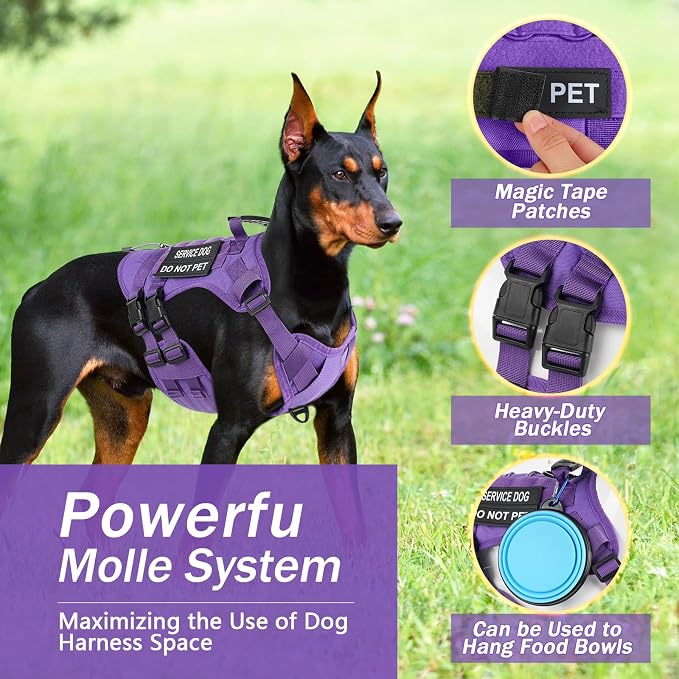 No Pull Tactical Dog Harness for Large Dogs, Service Dog Vest, L, Purple | Tactical Dog Vest Harness and Leash Set, Adjustable Military Service Dog Harness with Handle for Medium Large Dogs