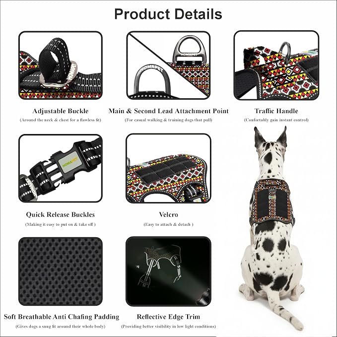 Homapet. Tactical Dog Harness with Dual Leash Attachment Points, Adjustable and Reflective Military Grade Dog Vest with Comfort Control Handle (Aztec, XXL)