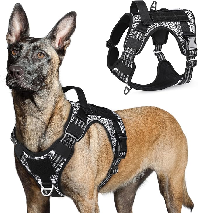 rabbitgoo Tactical Dog Harness for Large, No Pull Military Service Vest | Molle & Handle, Heavy Duty, Adjustable, Reflective Straps, Easy Control for Training Walking, B&W Geometric, Large