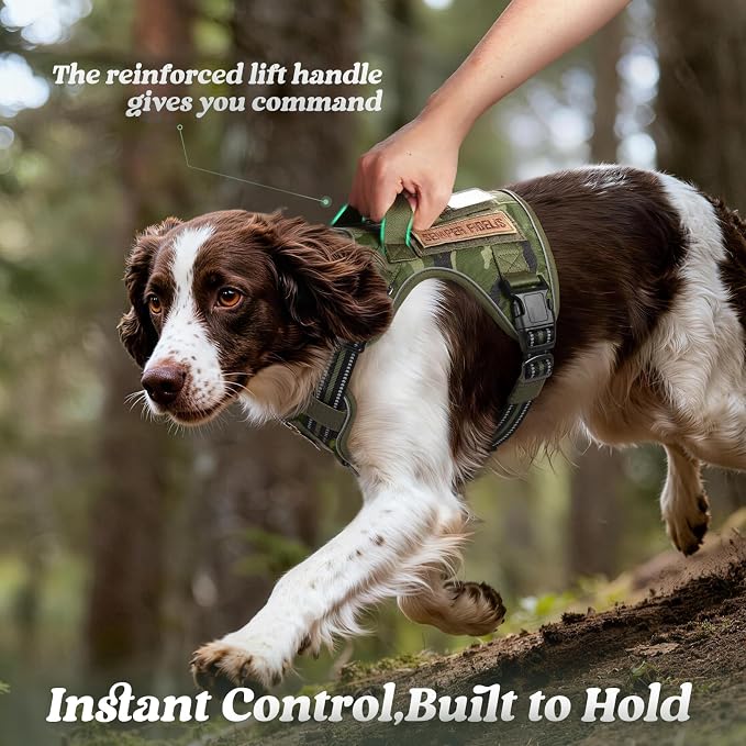 rabbitgoo Tactical Dog Harness for Large Dogs, No Pull Service Pet Vest | Military Molle System & Easy Control Handle, Adjustable and Reflective for Walking and Training, Green Camo, X-Large