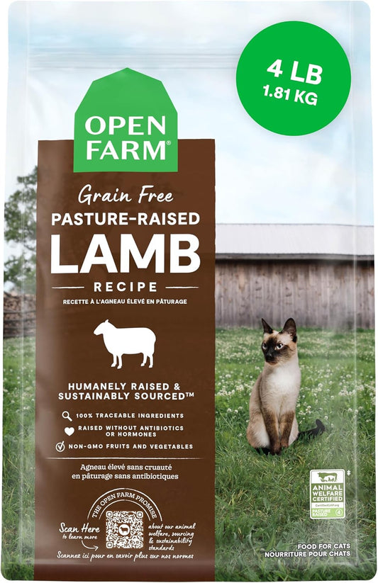 Open Farm, Grain Free Dry Cat Food, High-Protein Kibble for a Complete & Balanced Diet, Non-GMO Fruits & Vegetables, Prebiotic Fibers to Support Digestion, Pasture-Raised Lamb Recipe, 4lb Bag