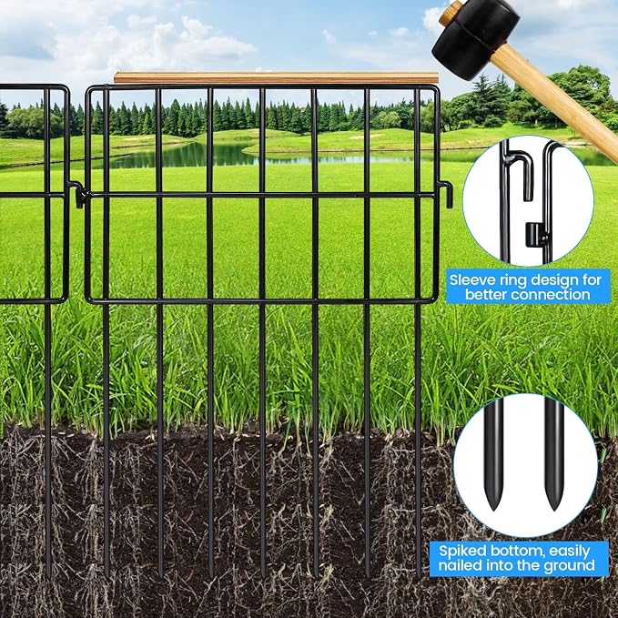 Garden Fencing Animal Barrier 24 ft(L)×13 in(H), 24Panels No Dig Fence, 1.5" Gap Underground Critter Barrier for Decks, Pet Dog Digging Fence Barrier. Rust-Proof Metal Black Fence Stakes