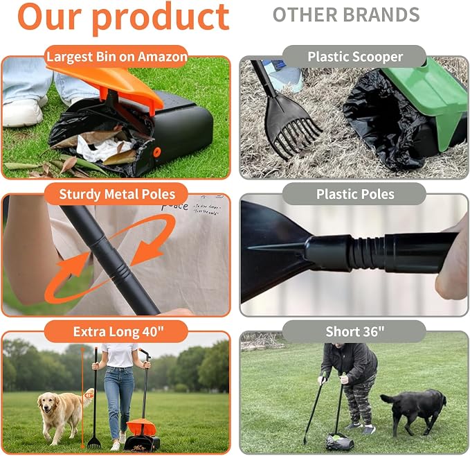 ienjoyed 40" Tall Dog Pooper Scooper with 100 Bags Attachment, Large Capacity Swivel Bin and Rake Metal Pole, Long Handle Pooper Scooper for Large Dogs, Dog Poop Scoop for Yard (Orange)