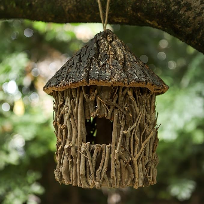 Twig-Covered Cylinder Birdhouse Squirrel House, 2.4" Entry for Medium Birds, Natural Branch Exterior & Waterproof Interior, Woodland Garden Backyard Decor