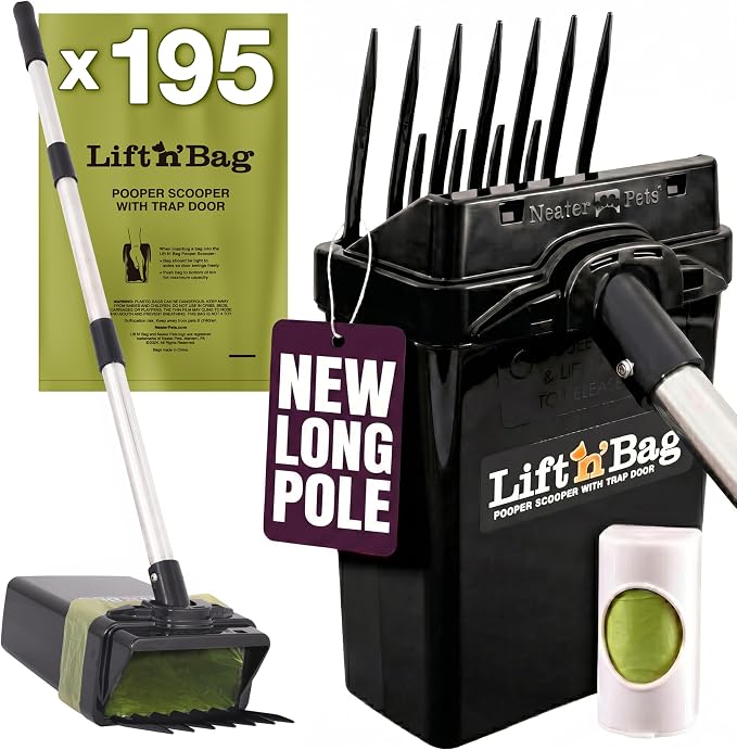 Neater Pet Brands Lift N’ Bag 2.0 Dog Pooper Scooper with Bag Attachment & 31" Pole for Small to Large Dogs, New Longer Pole, 195 Refill Bags, Heavy Duty Dog Poop Scooper for Yard, One-Hand Use