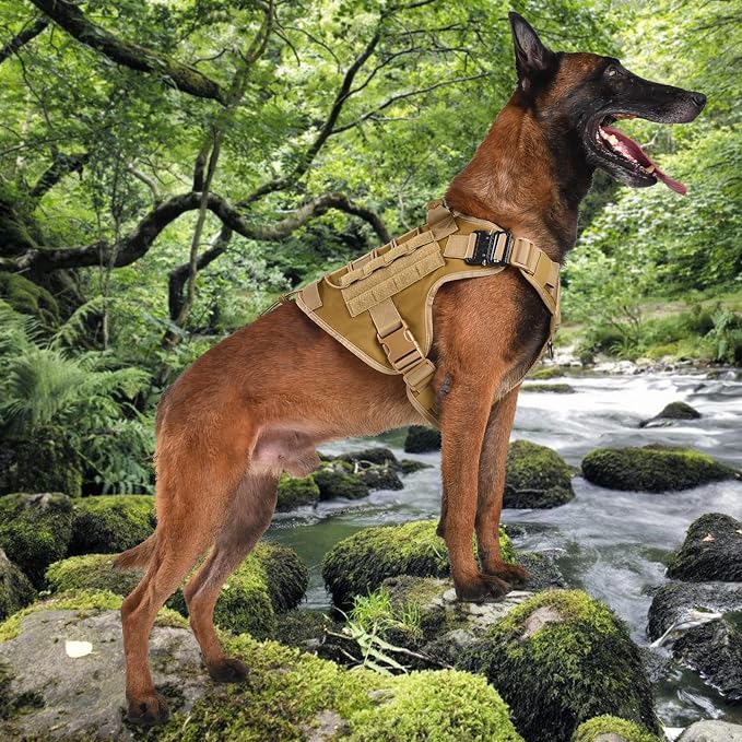 Tactical Dog Harness, Military Reflective Dog Harness | 2X Metal Buckle，Hidden Airtag Holder and Handle, Adjustable No-Pull Service Dog Vest with Molle & Loop Panels