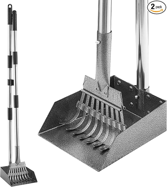 Adjustable Metal Dog Pooper Scooper Tray and Rake Set for Pet Waste Removal | Adjustable Stainless Steel Long Handle, Light Weight Aluminum Tray,Durable Carbon Steel Rake,For Medium Small Dogs
