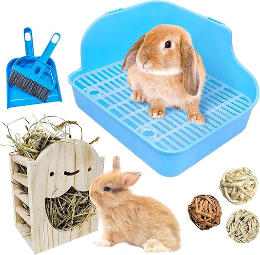 PINVNBY Rabbit Litter Box for Cage Wooden Guinea Pig Hay Rack Feeder Potty Trainer Corner Bunny Litter Box Pet Toilet with Cleaning Set for Guinea Pigs Ferret Rabbits Chinchilla