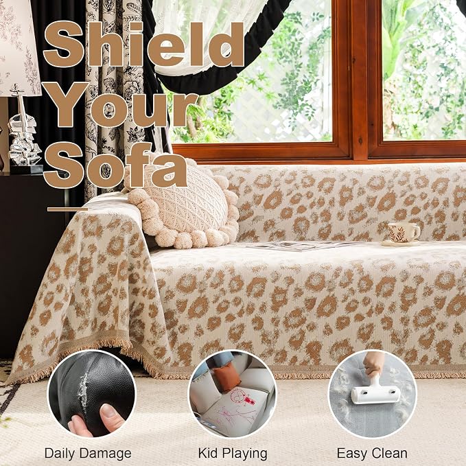 VClife Boho Couch Cover, Vintage Khaki Leopard Print Sofa Cover for Pet, 1 Piece Washable Durable Loveseat Cover, Modern Versatile Furniture Protector for Bedroom Living Room, 71''x118''