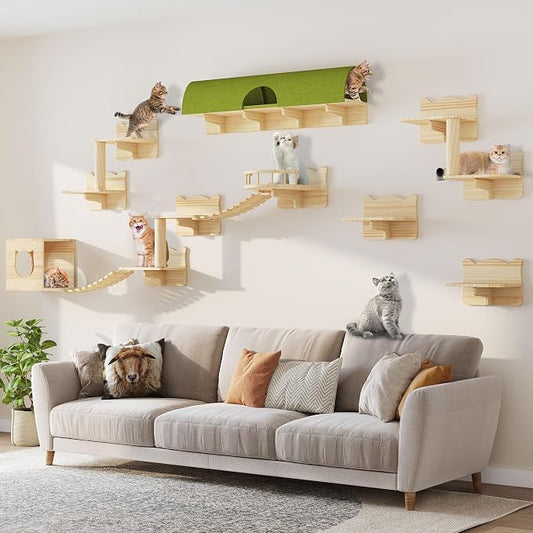 16-in-1 Cat Shelves for Wall, Cat Wall Furniture w/Tunnel & Bridge | Multi-Level Floating Cat Shelves for Space Saving, Solid Wood Cat Climbing System with Scratching Posts, 2 Condos, Burlywood