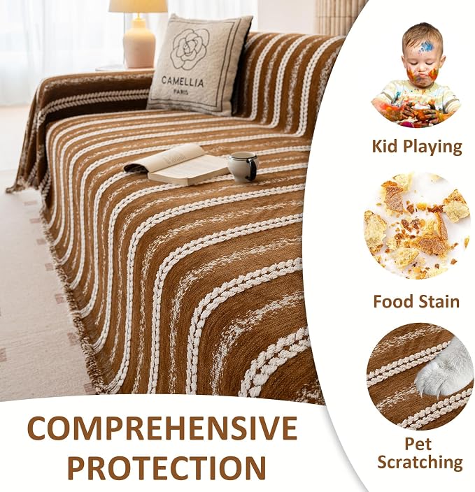 VClife Sofa Cover Bohemian Striped Pattern Couch Cover for 2 Cushion Sofa - Caramel Brown Creamy White Textured Sofa Slipcover Washable Furniture Protector for Couch Decorative Couch Cushion Cover