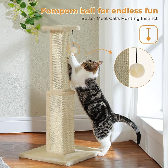 PAWZ Road Cat Scratching Post 32” Tall Square Cat Scratcher - Beige | Heavy Duty Cat Post with 16x16”Large Base Covered Sturdy Woven Sisal Scratcher and Cat Toy Ball for Adult and Indoor Cats