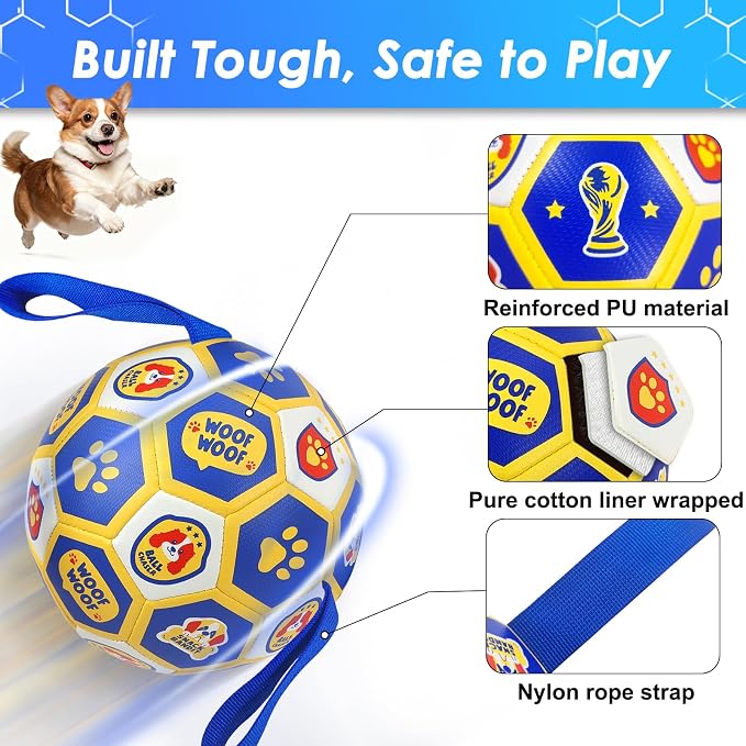 Vivifying World Cup Dog Toys Balls, Interactive Soccer Ball for Small Medium Dogs, Durable PU Enrichment Training Toy with Straps for Indoor and Outdoor Tug-of-War & Playing (6 Inches)
