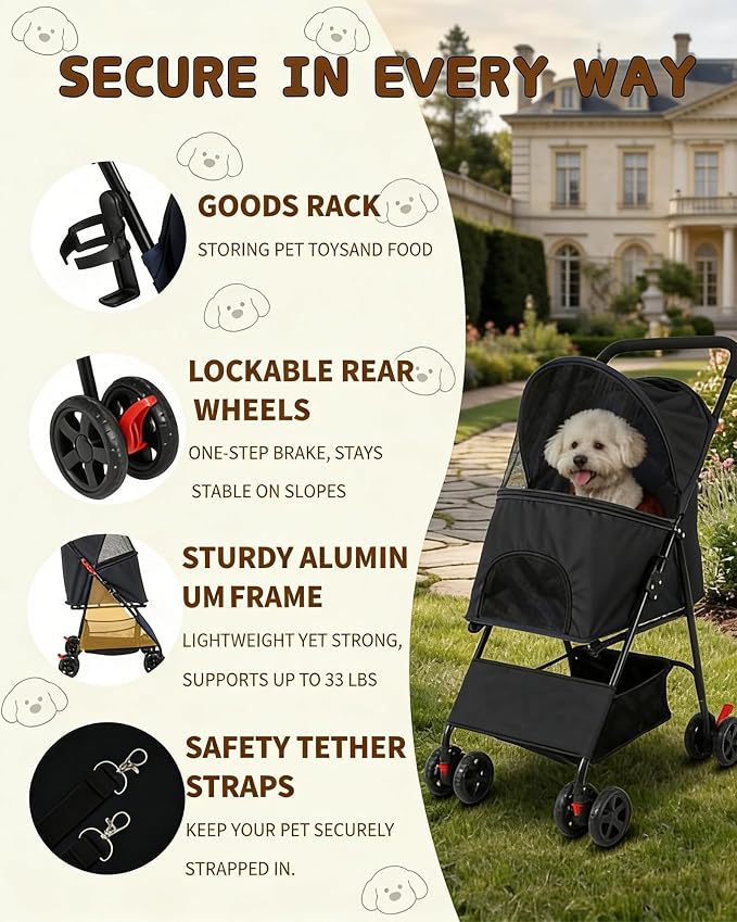 Pet Stroller for Small Medium Dogs Cats - Lightweight Foldable Dog Stroller | 33lbs, 4 Wheels All Terrain Cat Stroller, Breathable Mesh & Safety Tether, Storage Basket for Outdoor Walks-BLACK