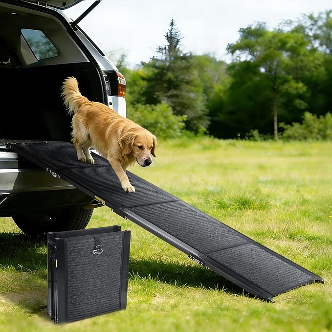 CypherX 71" Dog Ramp for Car SUV, Portable Folding Pet Ramp for Large Dogs | Gentle Incline Dog Car Ramp, Non-Slip Carpet Surface, Quad-Fold Ultra Portable Pet Stairs, Sturdy Aluminum Supports 250lbs