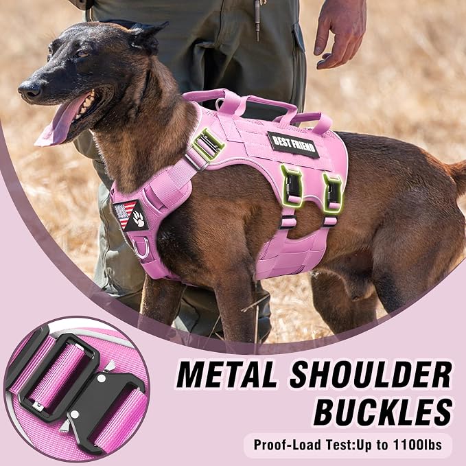 Air Mesh Tactical Dog Harness with Metal Buckles&MOLLE,Pink XL | Breathable Adjustable No Pull Service Dog Vest with 3 Padded Handles,Military Dog Harness for Training Hiking Hunting Working