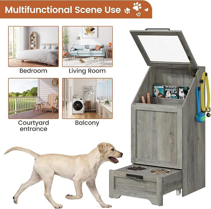 Garvee Dog Feeding Station with 2 Elevated Bowls, Grey | Dog Food Storage Cabinet, Flip Top Pet Feeding Station, Food Storage Container, Pet Toy Organizer