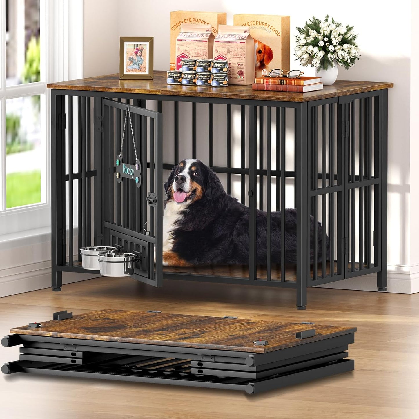 Easycom 41" Dog Crate Furniture Foldable, No Assembly Decorative Dog Kennel Indoor, Dog Crates for Large Dogs, Wooden Dog Cage with Adjustable Bowls and Name Tag, End Table, Rustic Brown