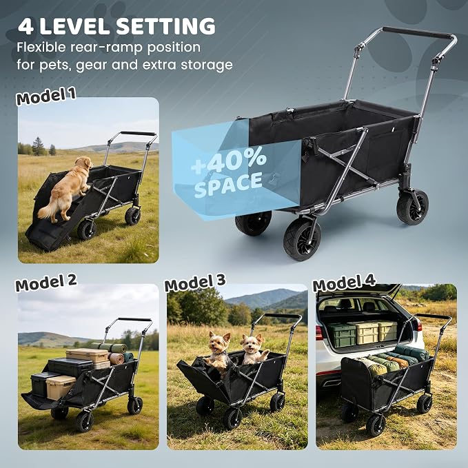 REDCAMP Folding Dog Wagon with Canopy, 110lbs Heavy Duty Pet Stroller | 17.3" Extendable Rear Ramp for 2 Medium Dogs, All-Terrain Dog Cart with Brakes & Push Handle for Senior Pet, Black