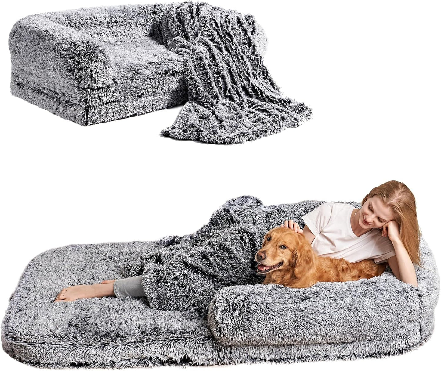 EHEYCIGA Foldable Human Dog Bed, Orthopedic Memory Foam Human Sized Dog Bed, Waterproof Pet Bed for People, Faux Fur Pet Couch for Adult, Faded Black, 72"x44"x11"