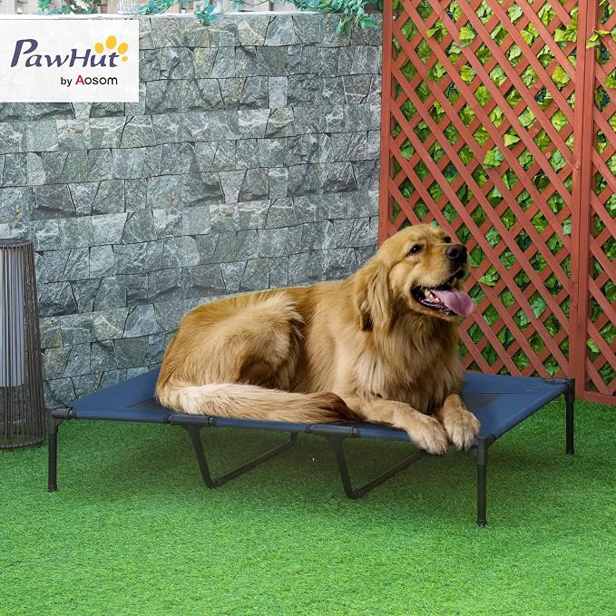 PawHut XL Elevated Dog Bed Outdoor Raised Dog Bed w/Carry Bag Dark Blue | Portable Pet Cot, Metal Frame, Breathable Mesh, Indoor and Outdoor