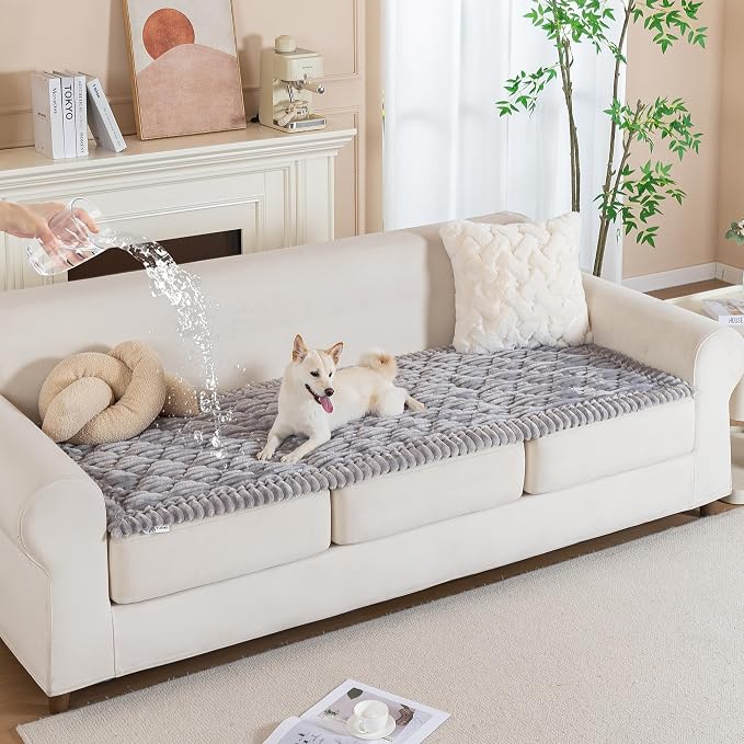 PuTian 100% Waterproof Fuzzy Couch Cover for Dogs Light Grey 27.6"x59" | Pet Friendly Dog Mat for Couch, Waterproof Sofa Protector, Scratch Resistant Furniture Cover for Dogs, Machine Washable