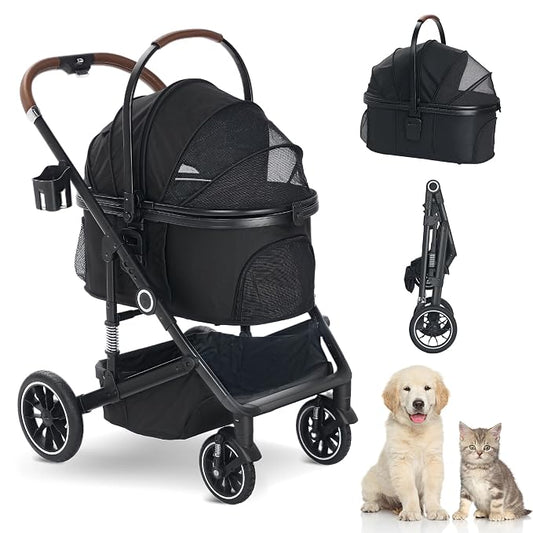 TODEFULL Pet Stroller with 4 Wheels, 3 IN 1 Folding Puppy Strollers for Small/Medium Dogs Cats up to 50lbs, Lightweight Pet Travel Carrier with Detachable Cushion, Storage Basket and Cup Holder, Black